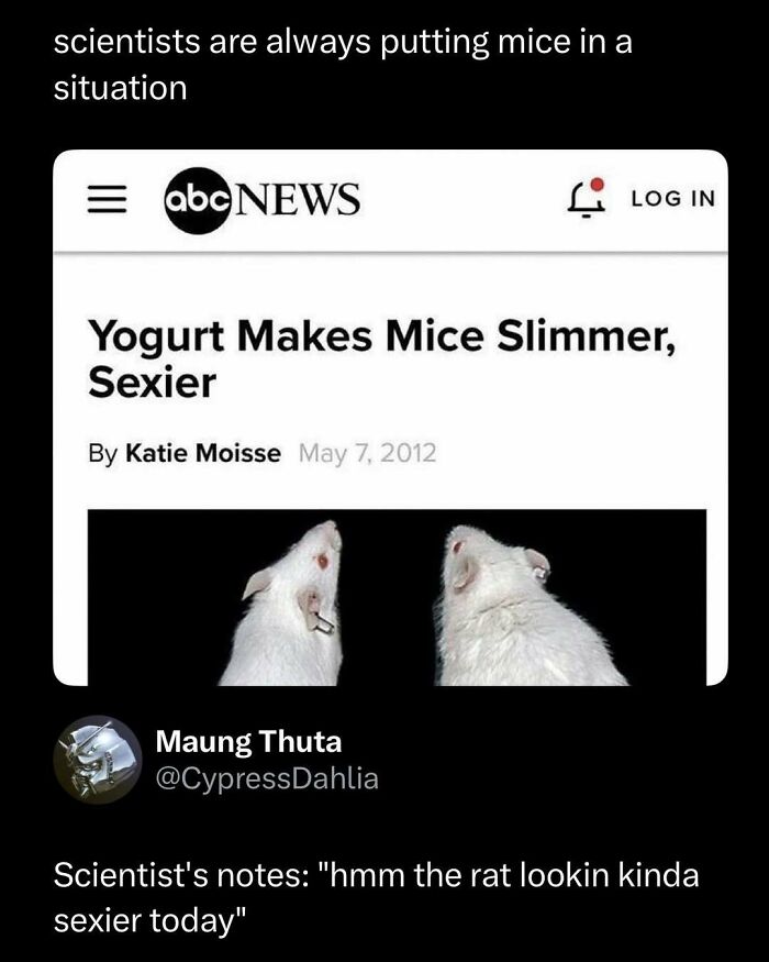 Funny post showing a news headline about yogurt making mice slimmer and sexier with humorous scientist's notes.