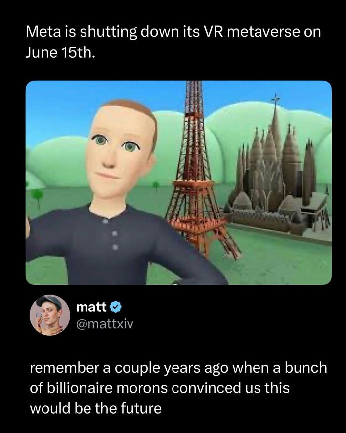 Meta avatar in VR metaverse with virtual Eiffel Tower and cathedral, part of funny and interesting posts to brighten your day.