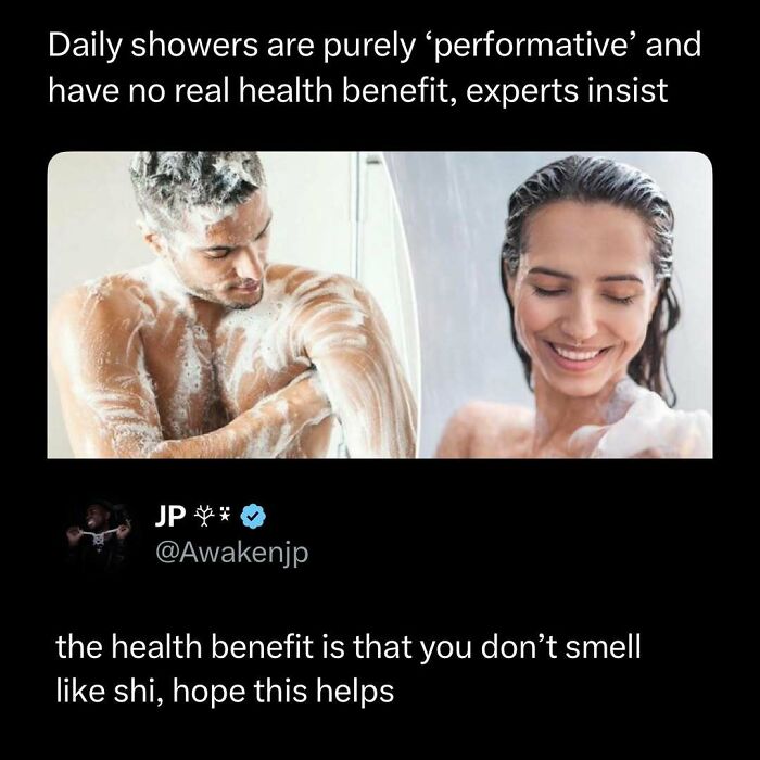 Funny post about daily showers and their perceived health benefits, featuring a man and woman washing with soap.