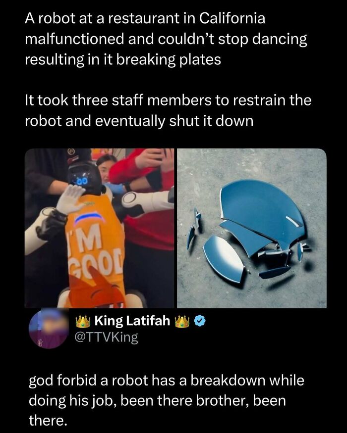 Robot malfunction at a restaurant causes dancing and broken plates, needing staff to restrain it in a funny and interesting post.