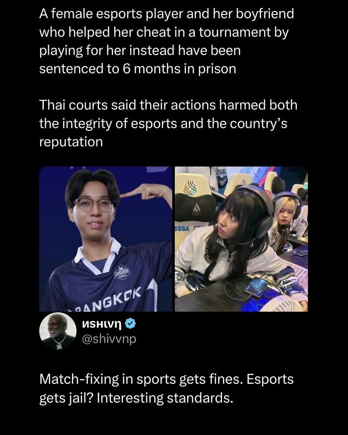 Photos of a female esports player and boyfriend jailed for cheating in a tournament, highlighting esports integrity issues.