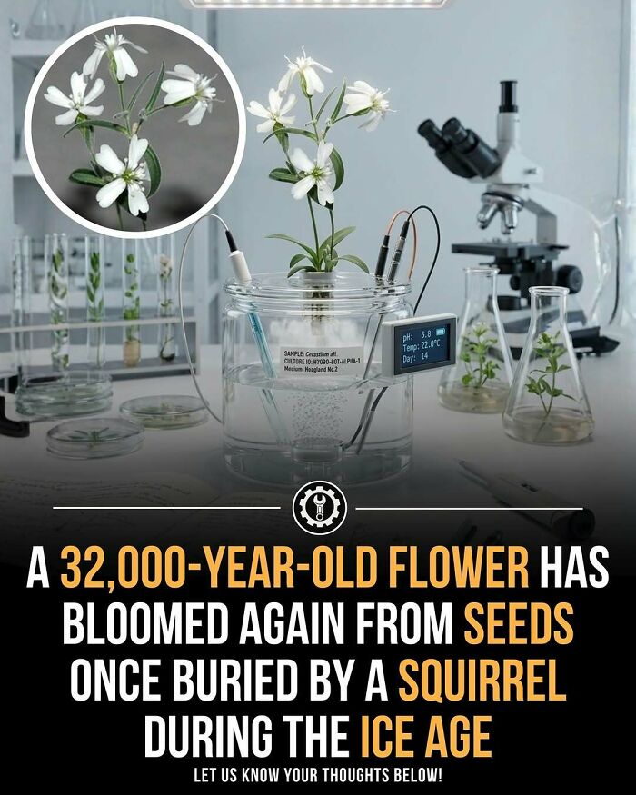 A 32,000-year-old flower bloomed from seeds buried during the Ice Age in a scientific research setting.