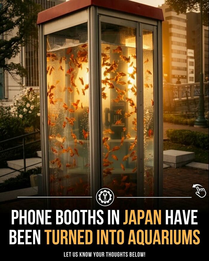 Phone booths in Japan creatively turned into aquariums filled with fish, showcasing unique how everything is made innovation.