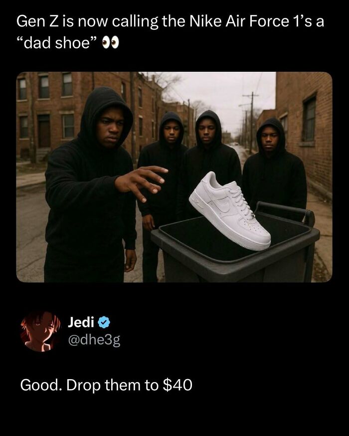 Four young men in black hoodies look at a white sneaker floating over a trash bin in a funny and interesting post.