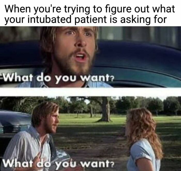 A nurse meme featuring Ryan Gosling from The Notebook asking, What do you want? Relatable for hospital life.