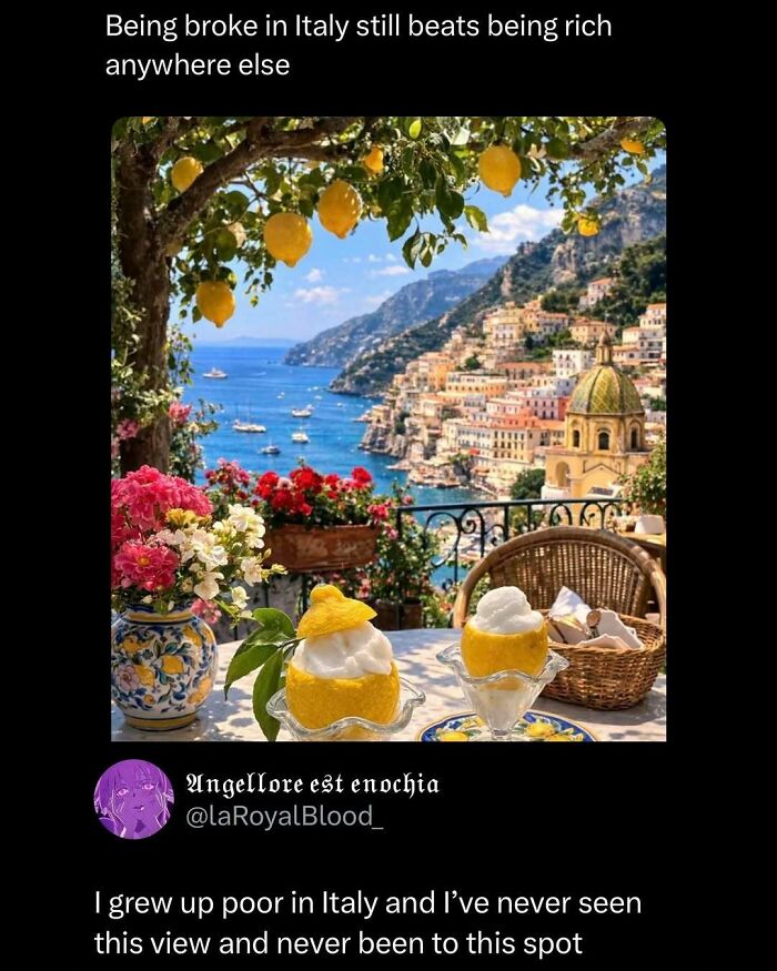 Scenic Italian coastal view with lemon desserts, flowers, and colorful buildings, perfect for funny and interesting posts.