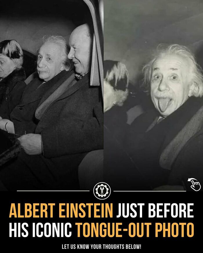 Black and white photos of Albert Einstein in a car, just before his iconic tongue-out moment, related to how everything is made.