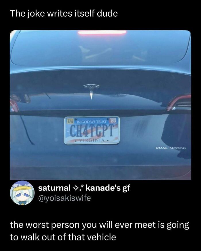 Tesla car with a personalized Virginia license plate reading CH41GPT, featured in funny and interesting posts.