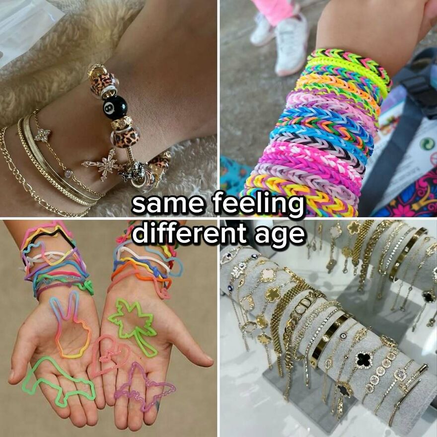 Nostalgic photos capturing jewelry trends: a child with loom bands, a hand with silly bands, an ankle with bracelets, and a display of gold bracelets.