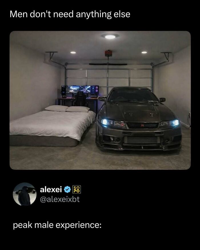 Bed, car, and gaming setup in a garage showcasing a funny and interesting post about peak male experience.