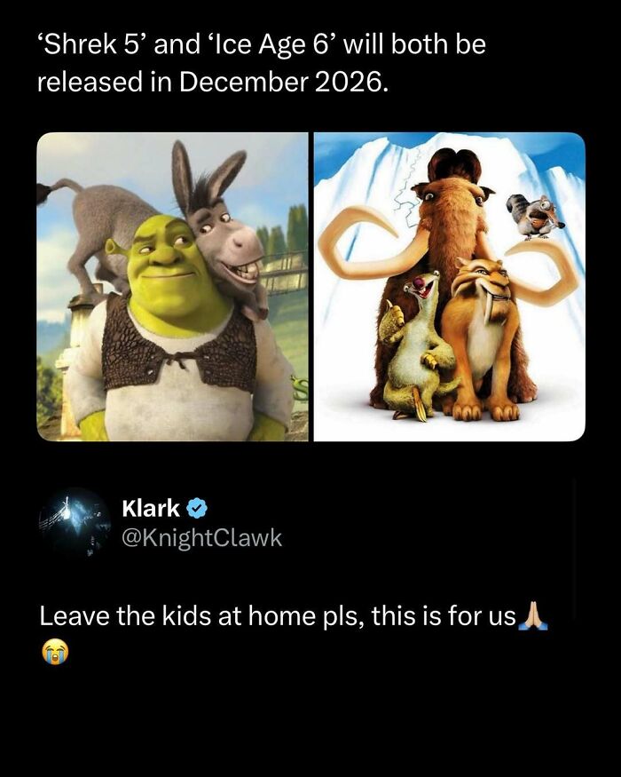 Announcement of Shrek 5 and Ice Age 6 releases with a funny tweet, part of funny and interesting posts to brighten your day.