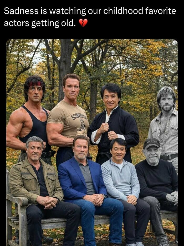 Group photo of iconic actors showing contrast of youth and age, related to funny and interesting posts for a better day.