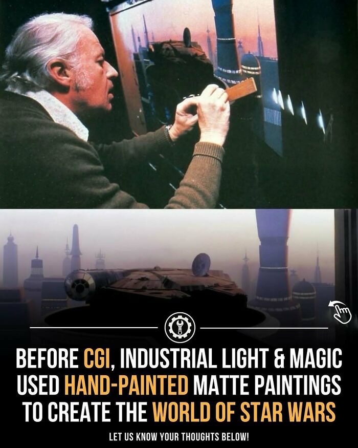 Artist hand-painting matte paintings showcasing how everything is made before CGI in creating the world of Star Wars.