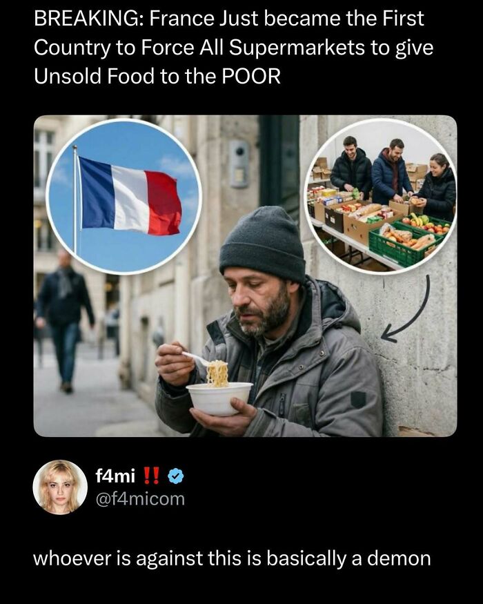 Man eating noodles on street next to insets of French flag and volunteers distributing unsold food to poor.