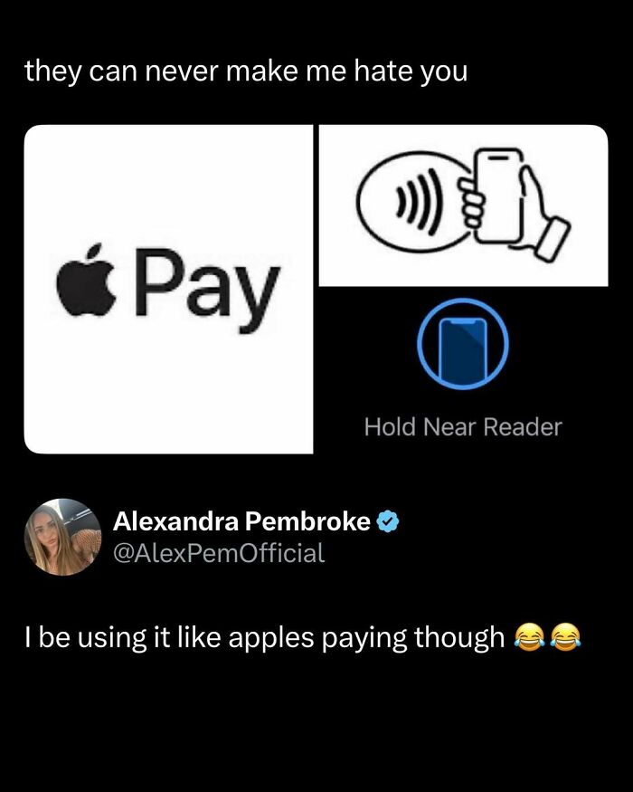 Funny and interesting post showing Apple Pay logo and a humorous tweet about using it like apples paying with laughing emojis.