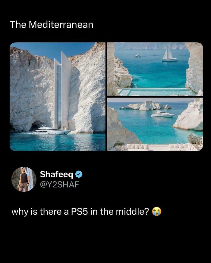 Collage of Mediterranean seascape photos with cliffs, boats, and a building resembling a PS5 console, humorous social media post.