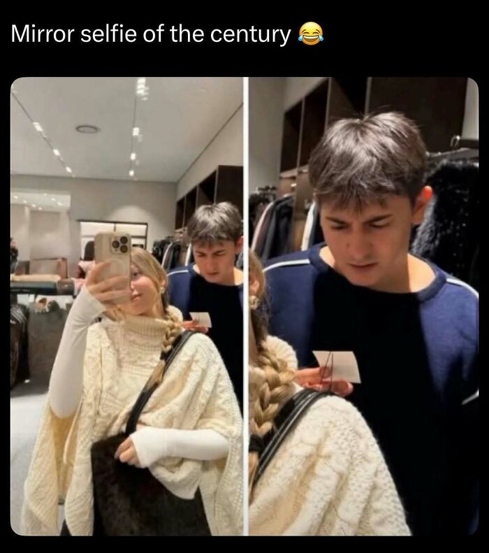 Two people taking a mirror selfie in a store, with humorous expressions, capturing funny and interesting moments.