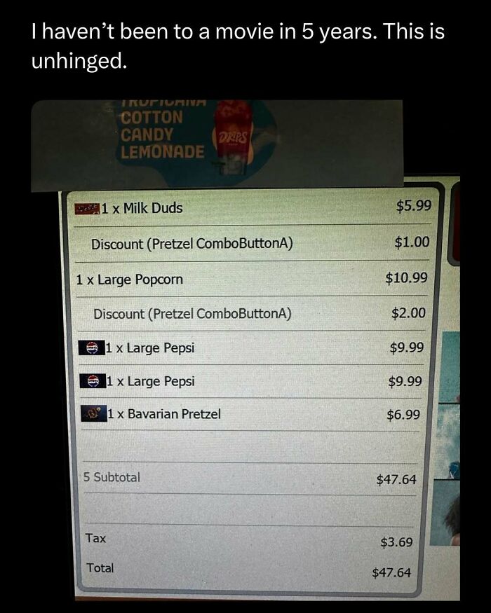 Movie ticket snack receipt showing high costs with popcorn, soda, and pretzel, part of funny and interesting posts collection.