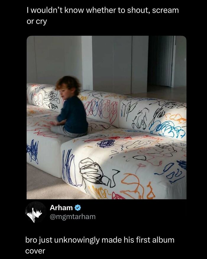 Child sitting on a couch covered in colorful scribbles, a funny and interesting post that might make your day better.