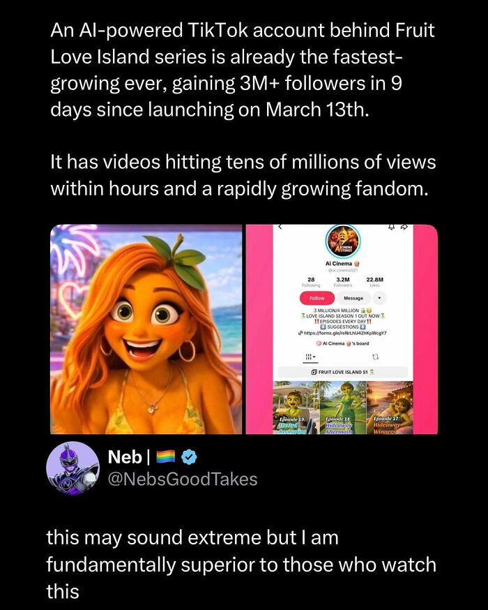 AI-powered TikTok account behind Fruit Love Island gaining millions of views and fast-growing fandom in funny and interesting posts.
