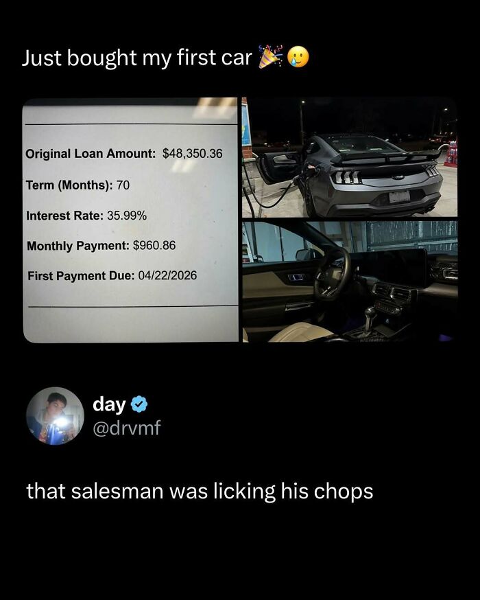 Funny and interesting post showing a high-interest car loan with photos of a new vehicle and a humorous tweet comment.