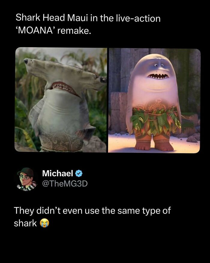 Comparison of two shark characters in Moana remake, highlighting funny and interesting posts that might make your day better.