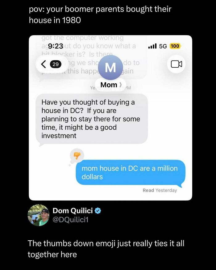 Text message exchange humor about buying a house in DC with a funny thumbs down emoji, funny posts that might make your day.