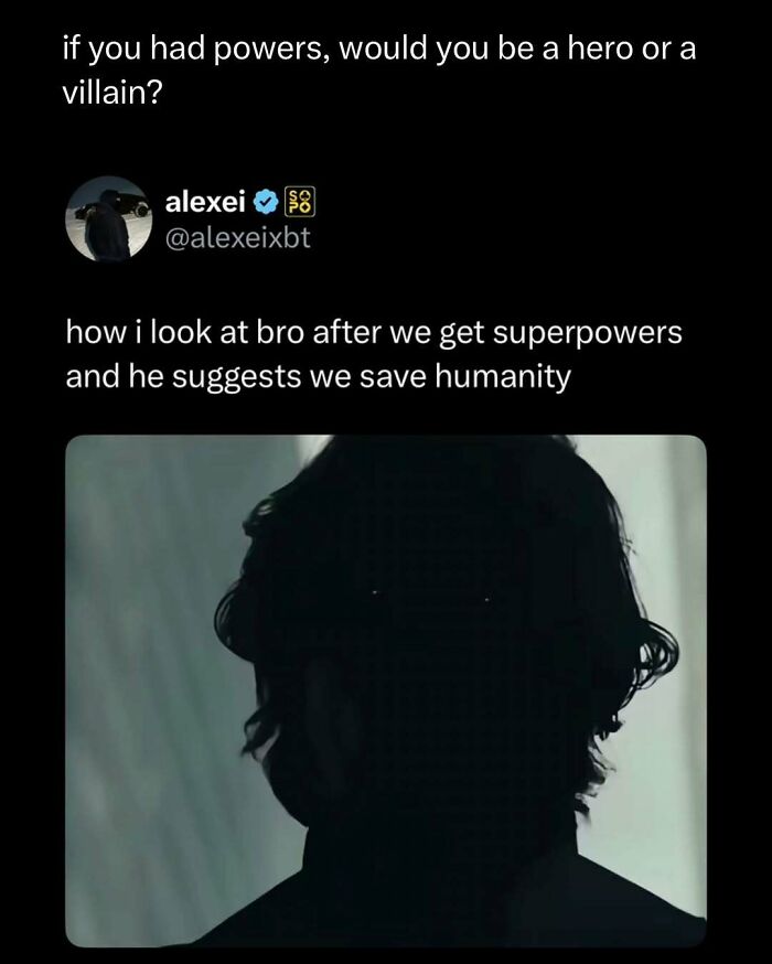 Funny post about choosing between hero or villain powers with a dark silhouette, adding humor to lighten your day.
