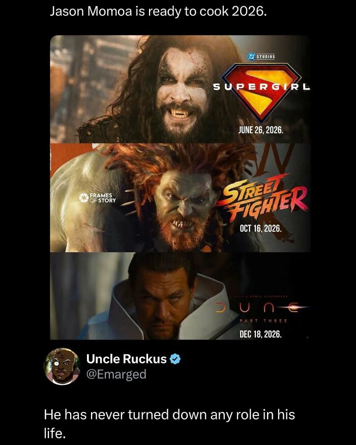 Jason Momoa in humorous movie role edits for Supergirl, Street Fighter, and Dune, showcasing funny and interesting posts.