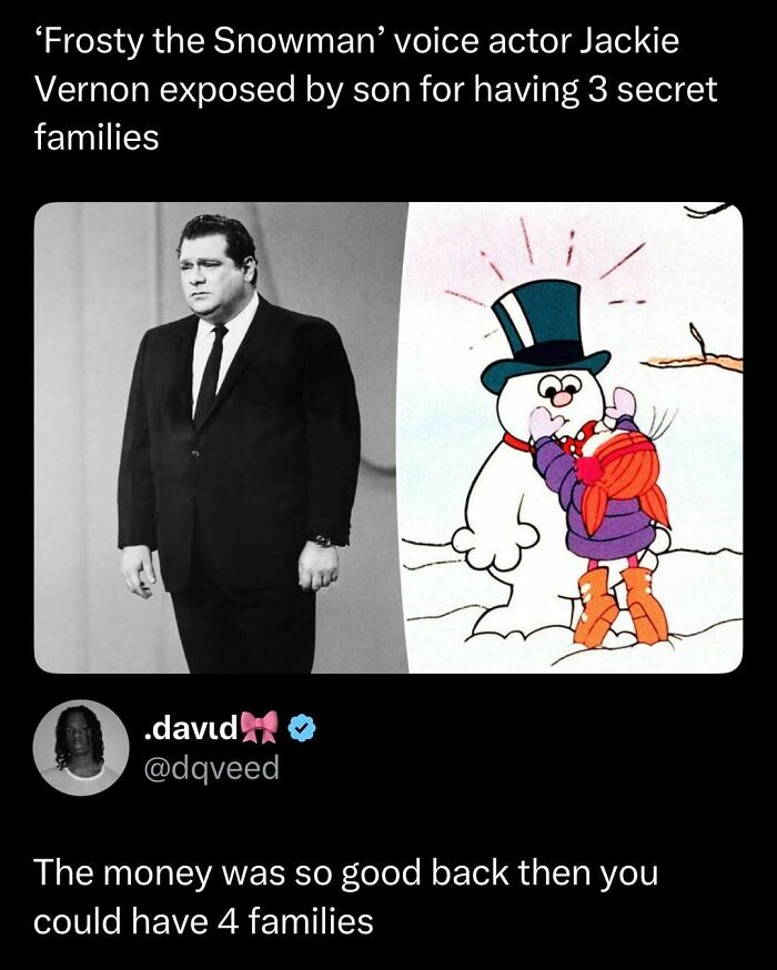 Black and white photo of a man in a suit alongside a cartoon snowman with a girl, funny interesting post content.