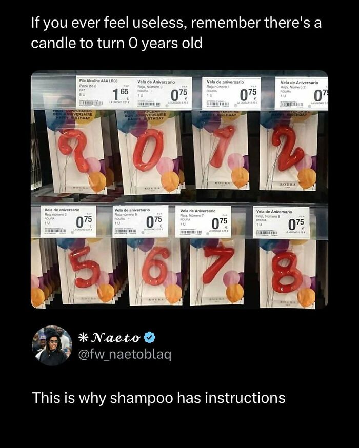 Red number candles from 0 to 8 displayed on shelves with funny caption about feeling useless, related to funny posts.