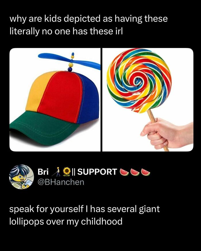 Colorful propeller hat and giant rainbow lollipop used in funny and interesting posts to brighten your day.