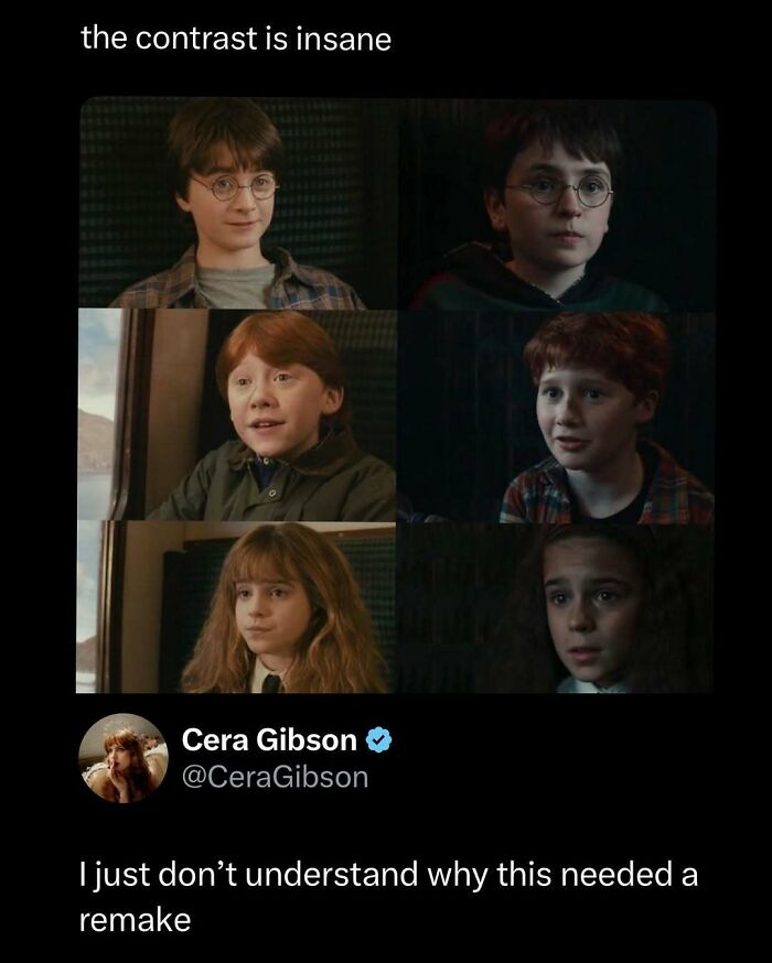 Split image showing original and remake versions of young characters, highlighting funny and interesting posts contrast in popular culture.