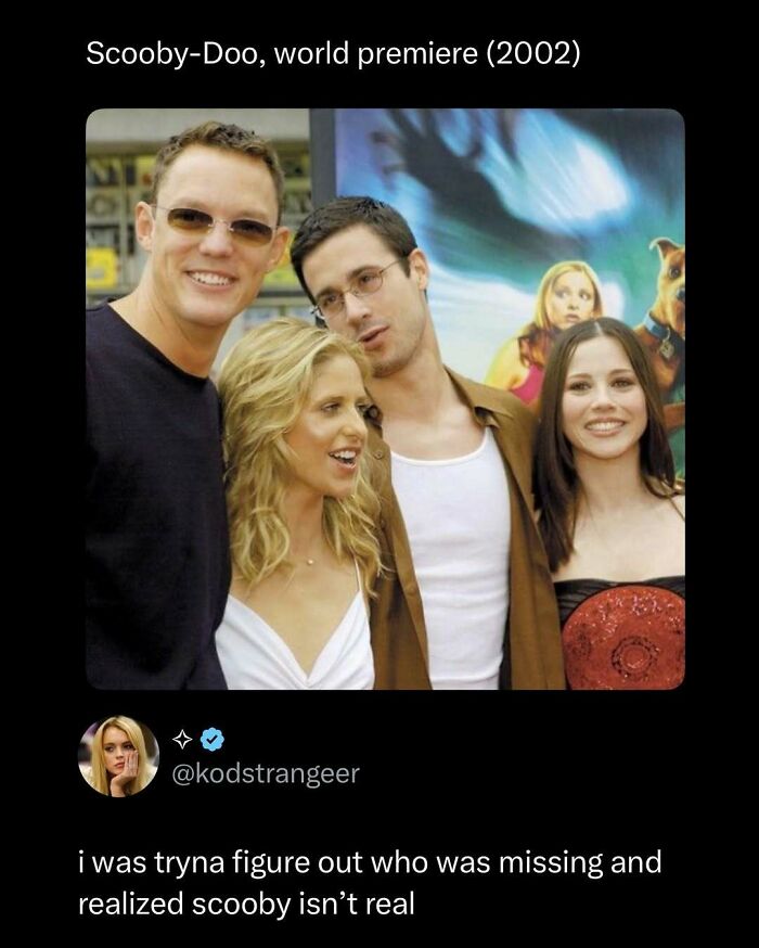 Photo from Scooby-Doo world premiere with cast posing and a funny post about Scooby not being real.