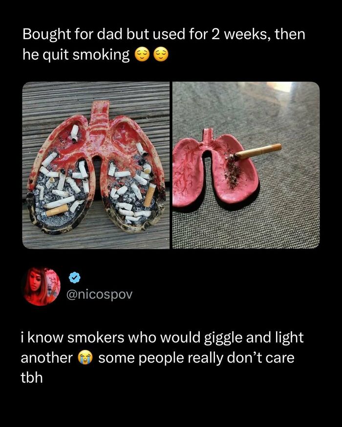 Ashtray shaped like lungs filled with cigarette butts, humorously reflecting funny and interesting posts about quitting smoking.