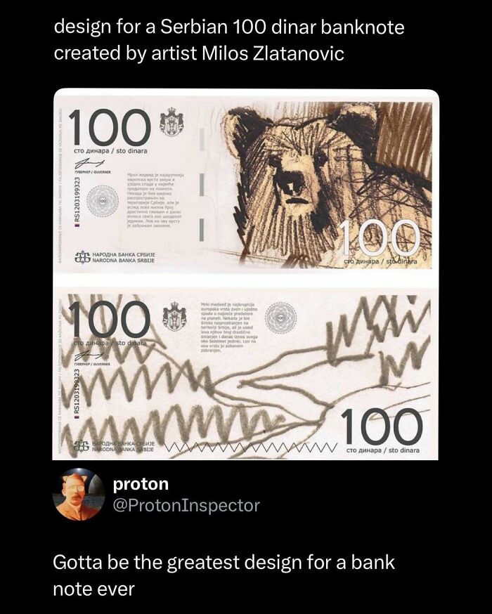Serbian 100 dinar banknote design featuring a bear sketch by artist Milos Zlatanovic, humorous and interesting post.