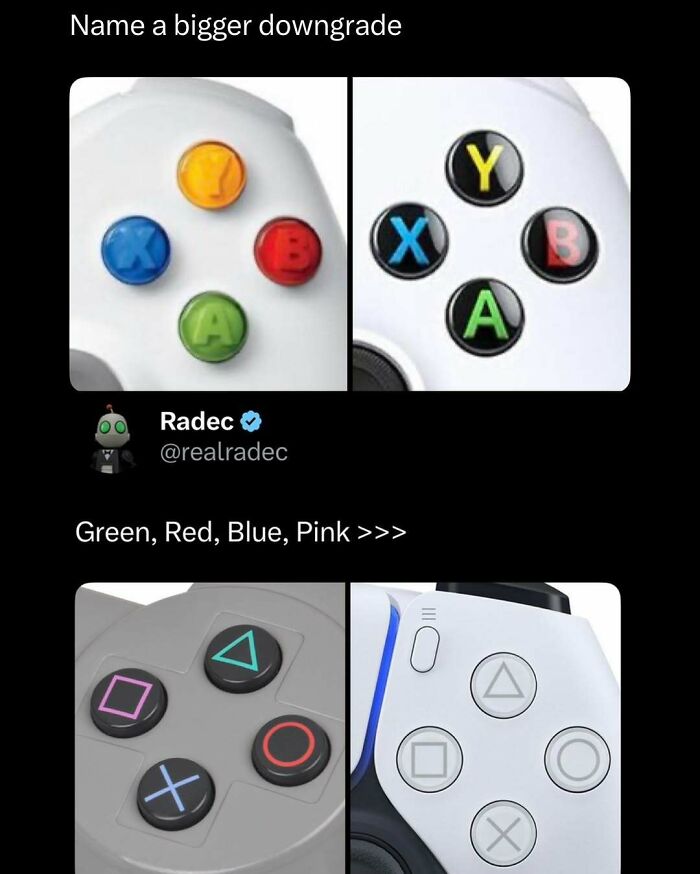 Comparison of colorful and monochrome gaming controller buttons in a funny and interesting post to brighten your day