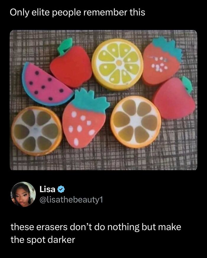 Colorful fruit-shaped erasers with a humorous caption about them making spots darker in funny and interesting posts.