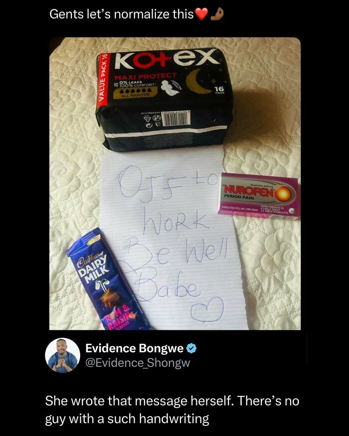 Pack of Kotex pads, Nurofen period pain medicine, chocolate bar, and a handwritten note meant to brighten day with funny and interesting posts.