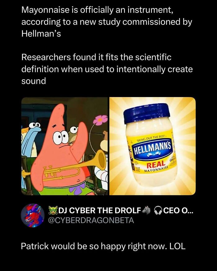 Patrick Star playing a trumpet and a jar of Hellmann’s mayonnaise labeled as a musical instrument in funny posts.