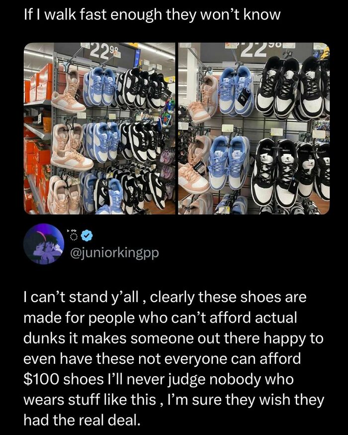 Display of various affordable sneakers with a humorous post about shoes, fitting the funny and interesting posts keyword.