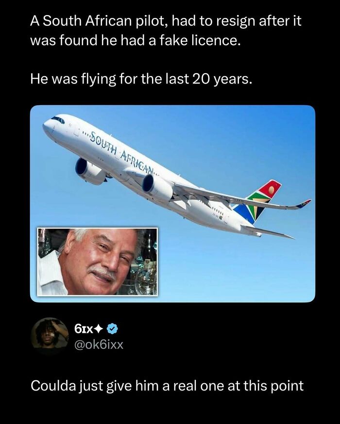 Funny post about a South African pilot with a fake license flying for 20 years, illustrating interesting and funny content.