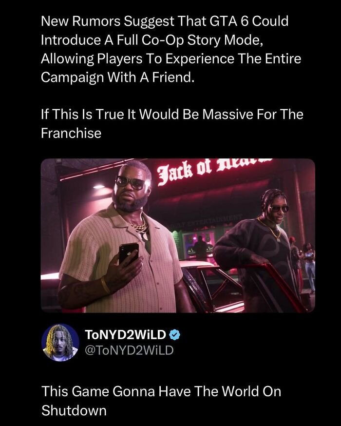 Two characters from GTA 6 shown with text about co-op story mode, featured in funny and interesting posts to brighten your day.