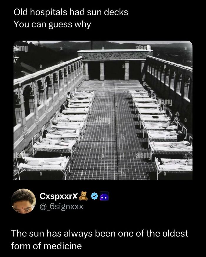 Black and white image of old hospital sun decks with patients lying outside, funny and interesting posts making your day better.