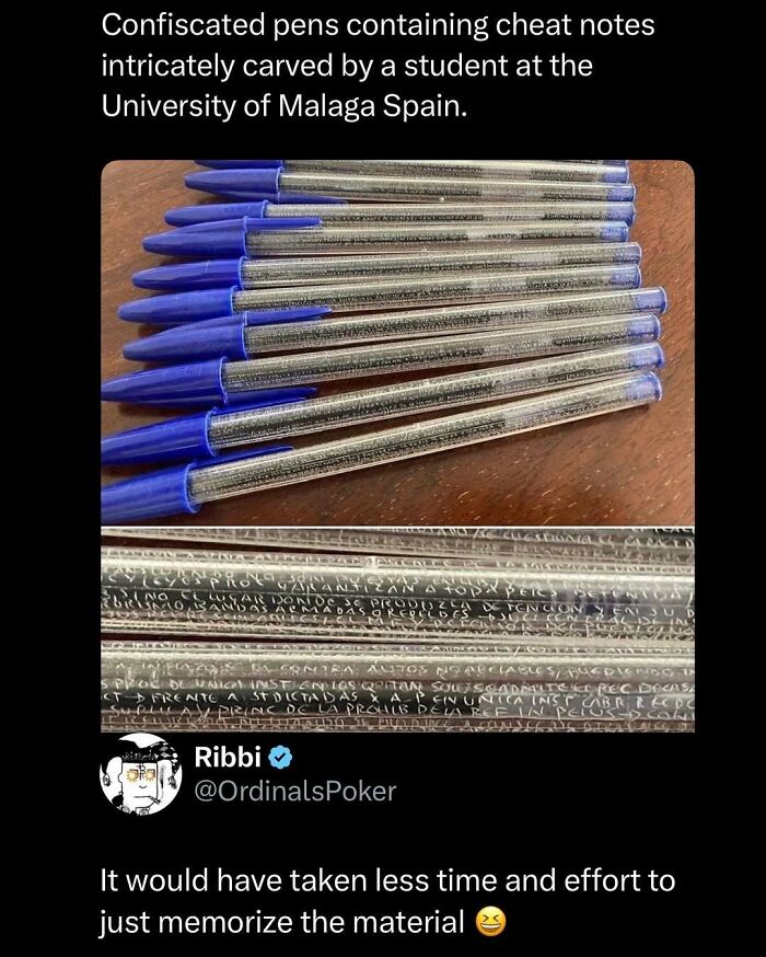 Confiscated pens with cheat notes carved inside by a student, showcasing funny and interesting creative cheating methods.