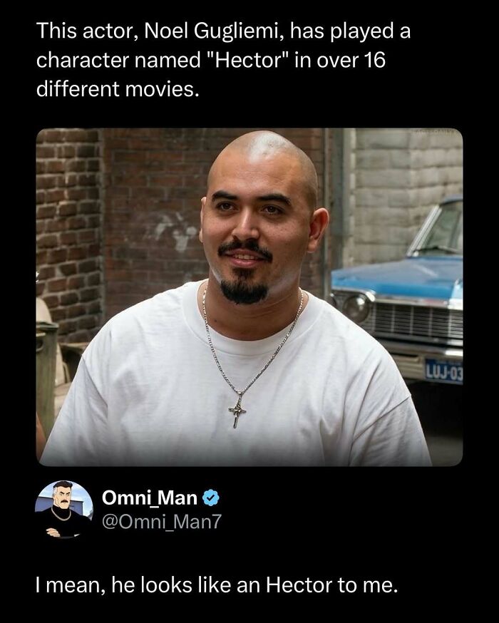 Image of actor Noel Gugliemi with a bald head and goatee, featured in a funny post about his recurring character Hector.