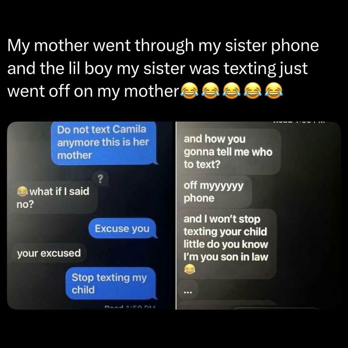 Funny text message exchange where a boy argues with his girlfriend’s mother, featured in funny and interesting posts.