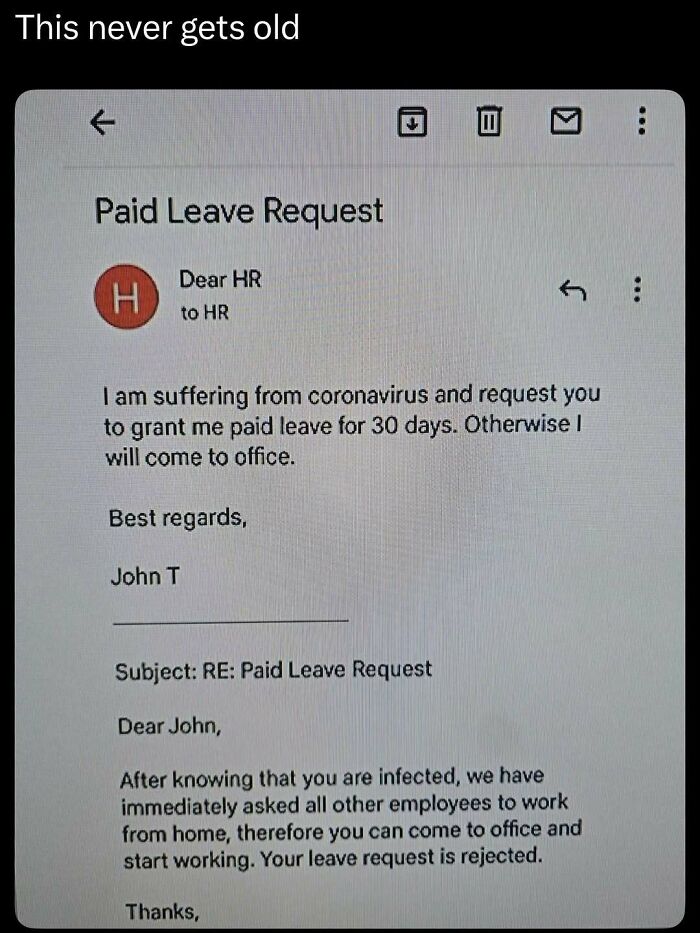 Email screenshot showing a funny paid leave request and rejection, part of funny and interesting posts to brighten your day.