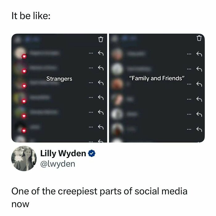 Social media post showing strangers liking content more than family and friends, a funny and interesting post example.