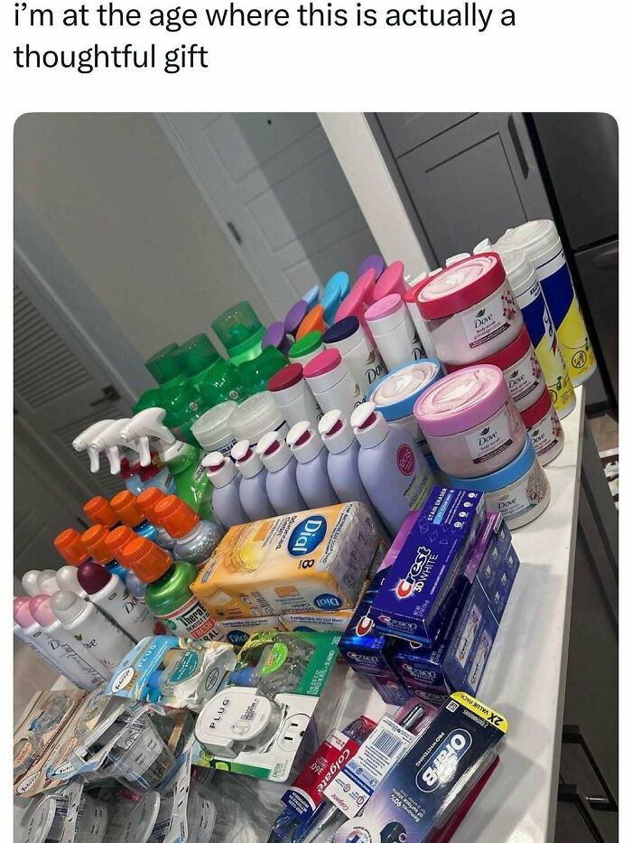 A collection of toiletries and personal care products arranged on a counter, reflecting funny and interesting posts.